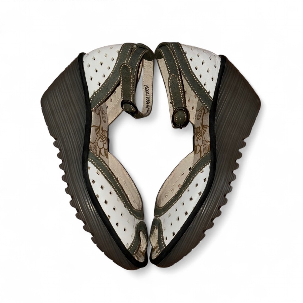 FLY London Yumo Ydel Olive Laser Cut Leather Peep Toe Wedge Sandal Size 40 9/9.5